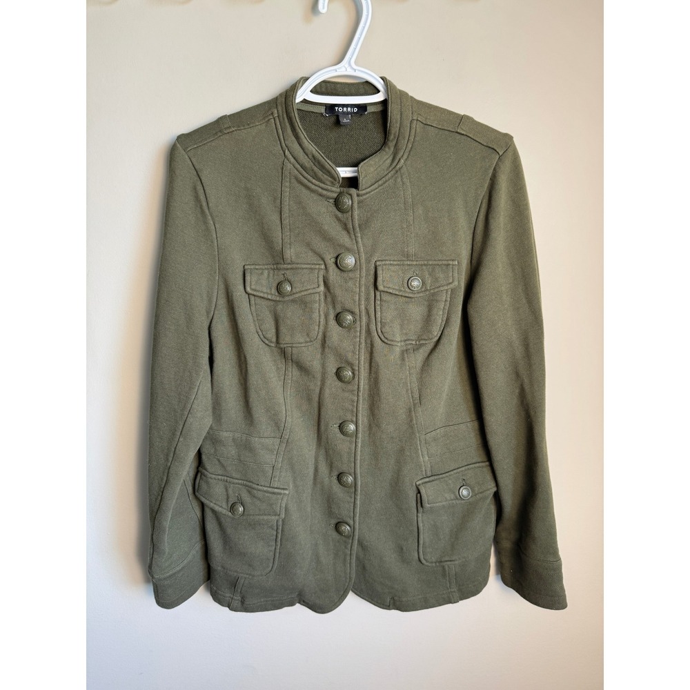 Torrid Womens Olive Green Military Knit Jacket 14/16 Utility Cargo Crest Button